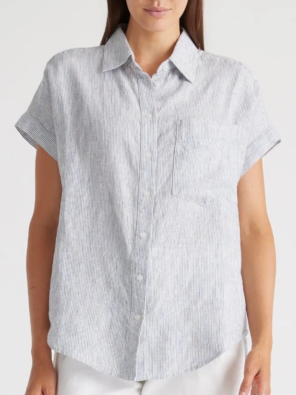 QUINCE 100% European Linen Camp Shirt in Blue Pinstripe sz XL